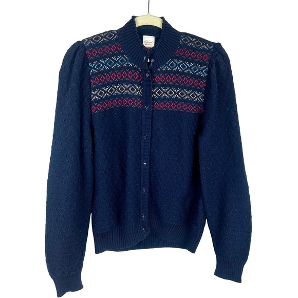 St Michael Cardigan Women Button Down Fair Isle Navy Blue 14 Vintage UK Grandma - Picture 1 of 6